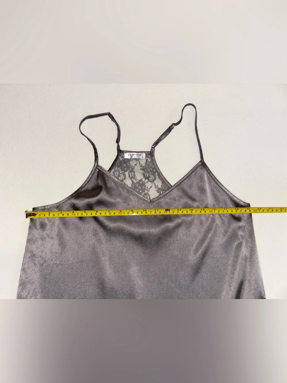 EKOUER Gray Satin Lace Cami & Shorts Pajama Set M